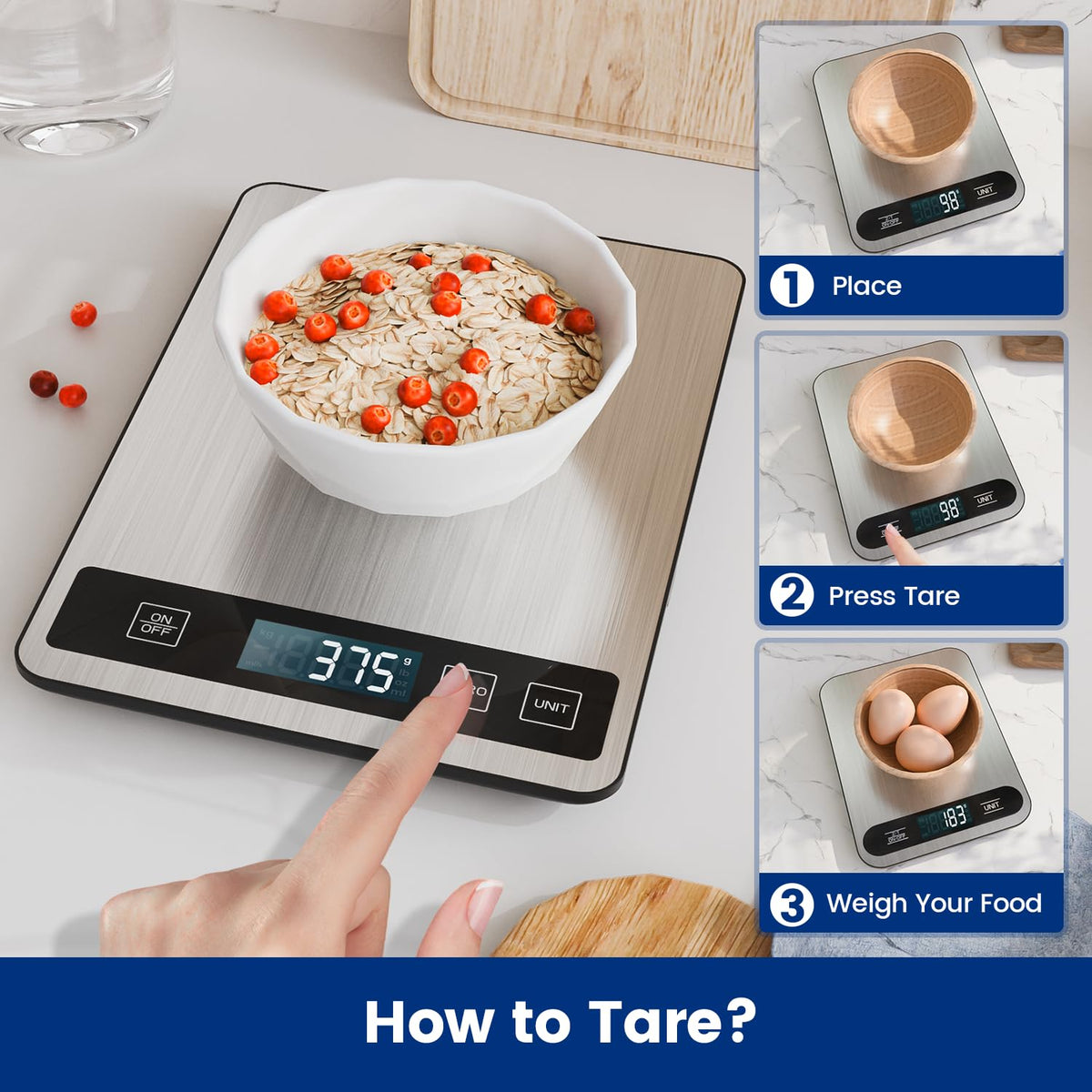 Using the tare function on the kitchen scale