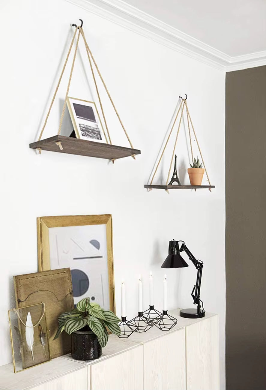 1PC Hanging Shelves for Wall Floating Shelves, Macrame Rope Triangle Shelf, Natural Light Reclaimed Wood, Farmho