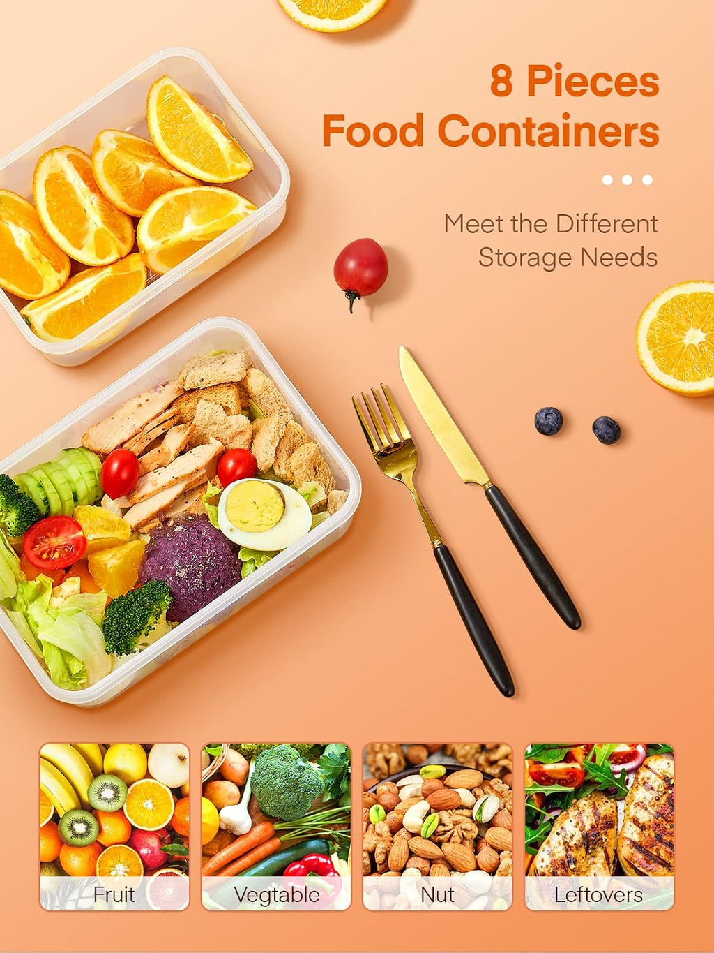Food Containers, 8 PCS Plastic Airtight Food Storage Containers