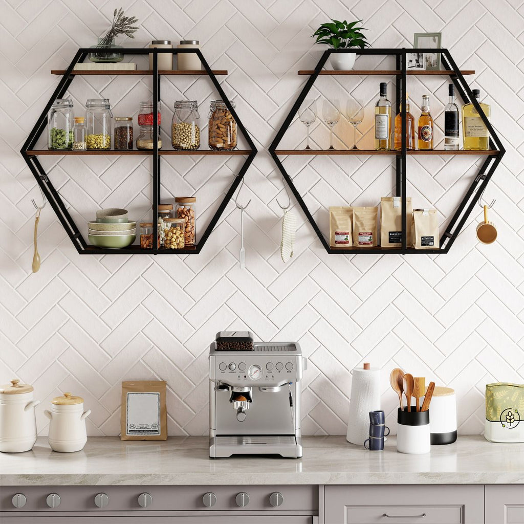 Industrial Hexagon Shelves for Wall 3-Tier Decorative Floating Wall Shelves with Hooks