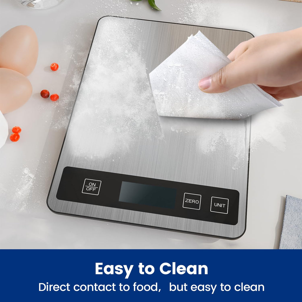 Wiping the stainless steel kitchen scale clean