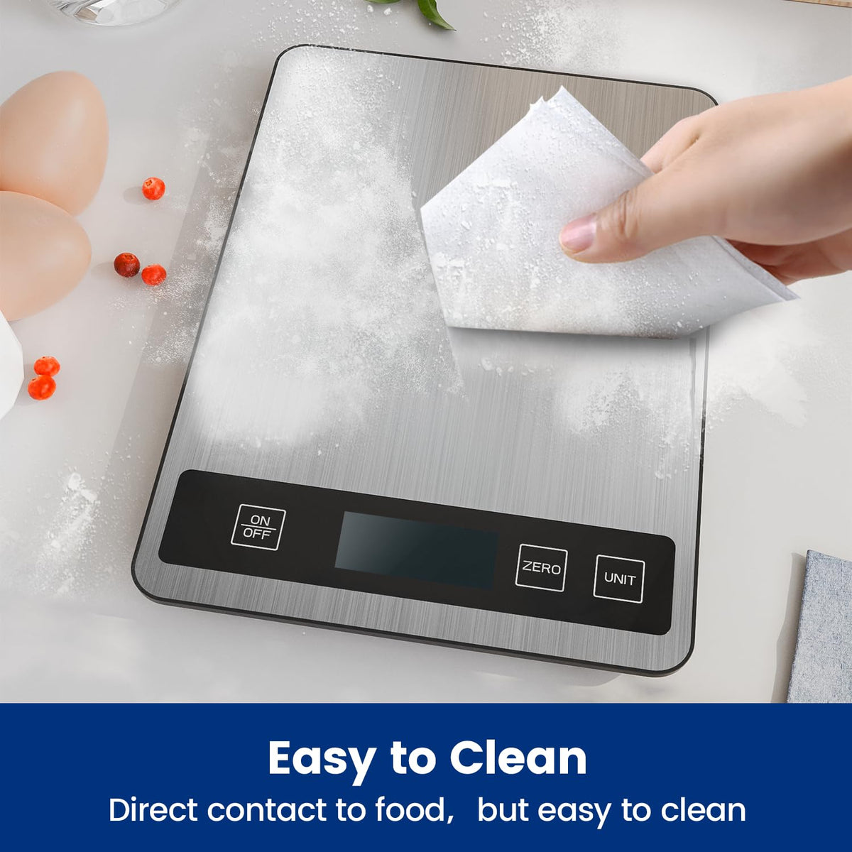 Wiping the stainless steel kitchen scale clean