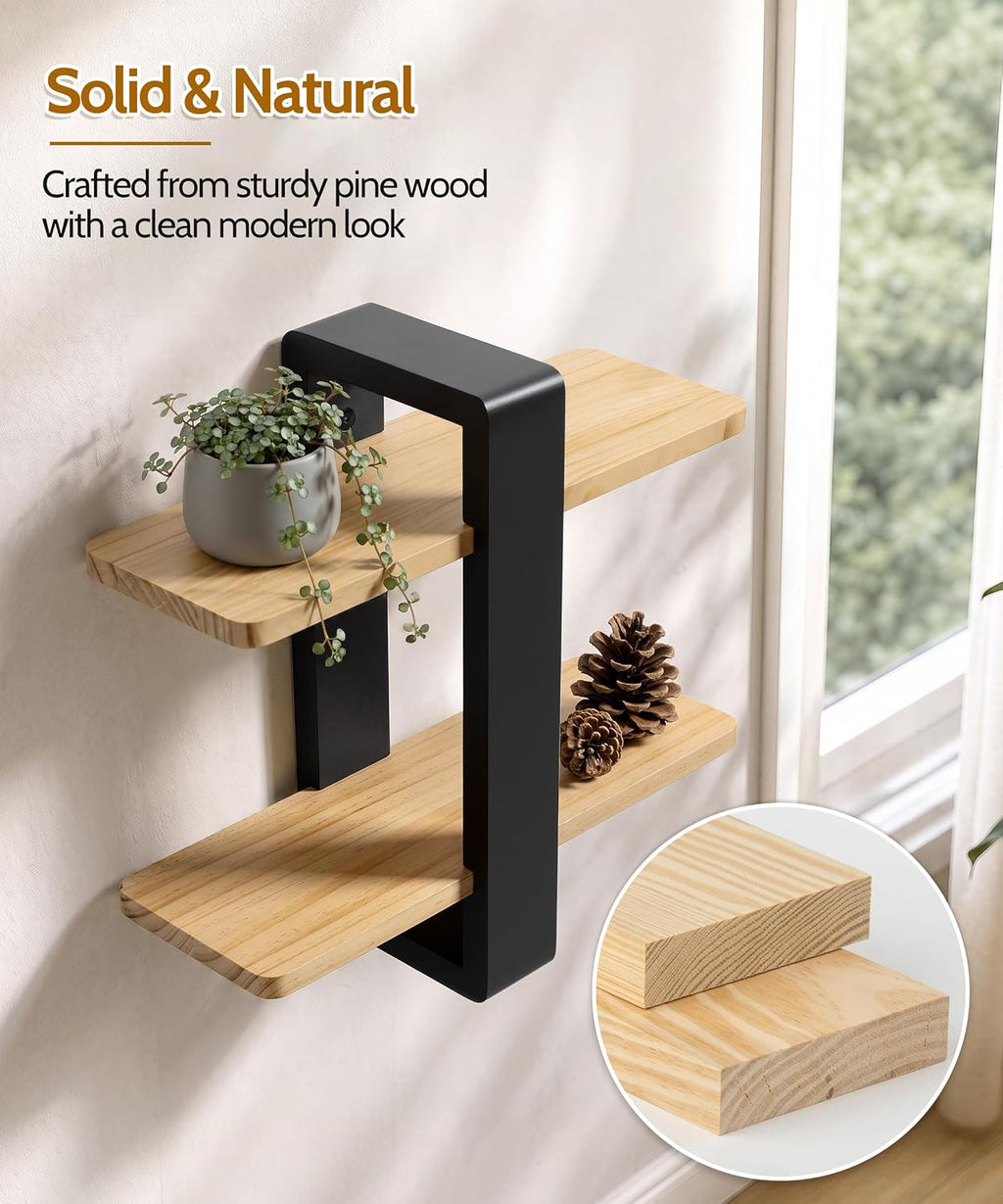 Adjustable Floating Shelves for Wall, 2 Tier Black Pine Wood Shelves
