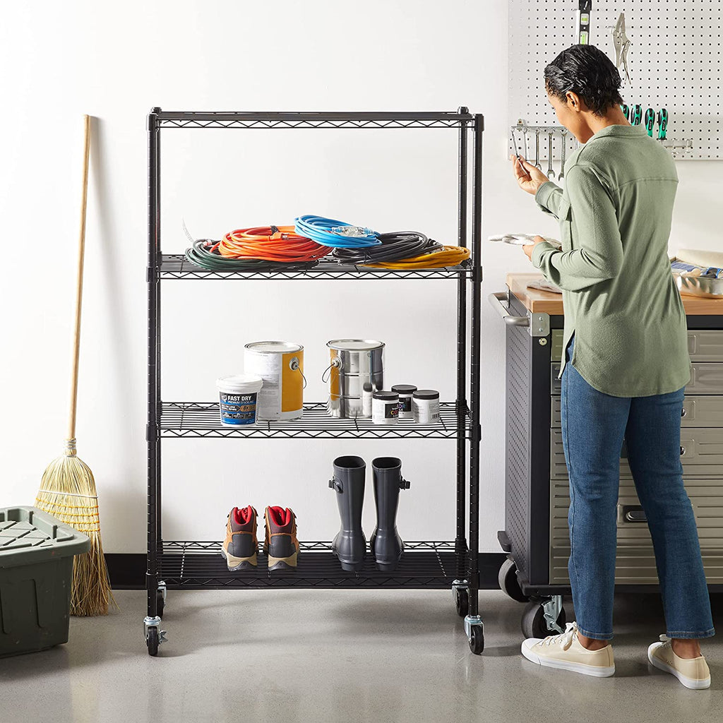 Black 4-shelf steel storage unit – view 2