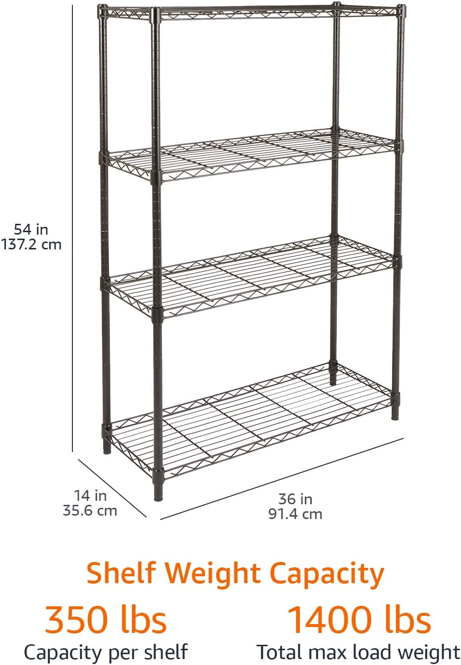 Black 4-shelf steel storage unit – view 3