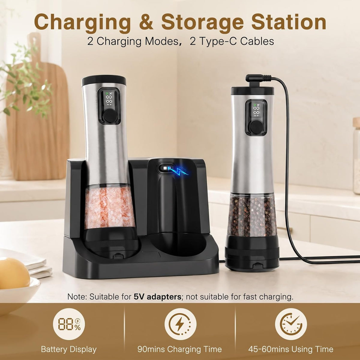 Rechargeable Electric Salt and Pepper Grinder Set with Battery Display