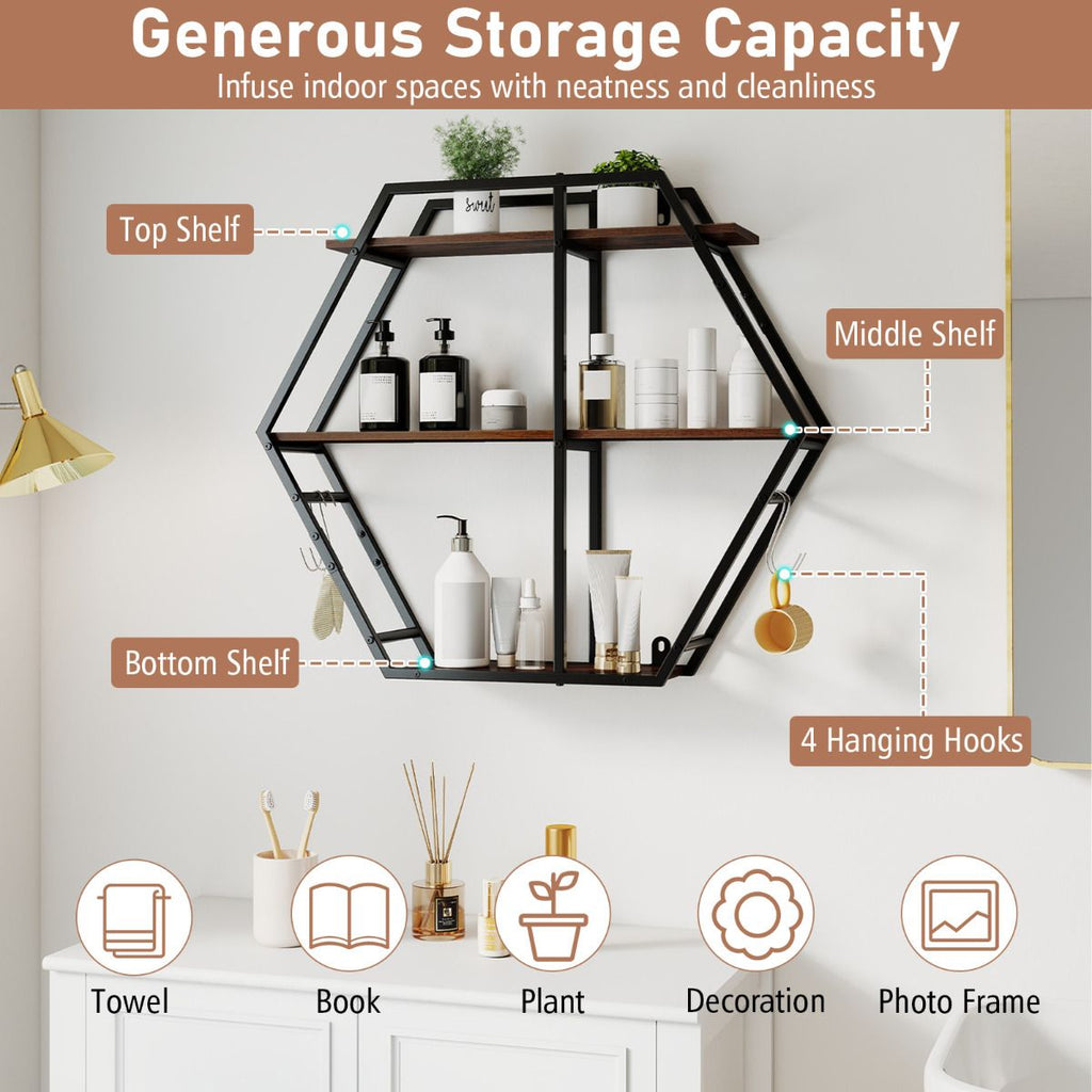 Industrial Hexagon Shelves for Wall 3-Tier Decorative Floating Wall Shelves with Hooks