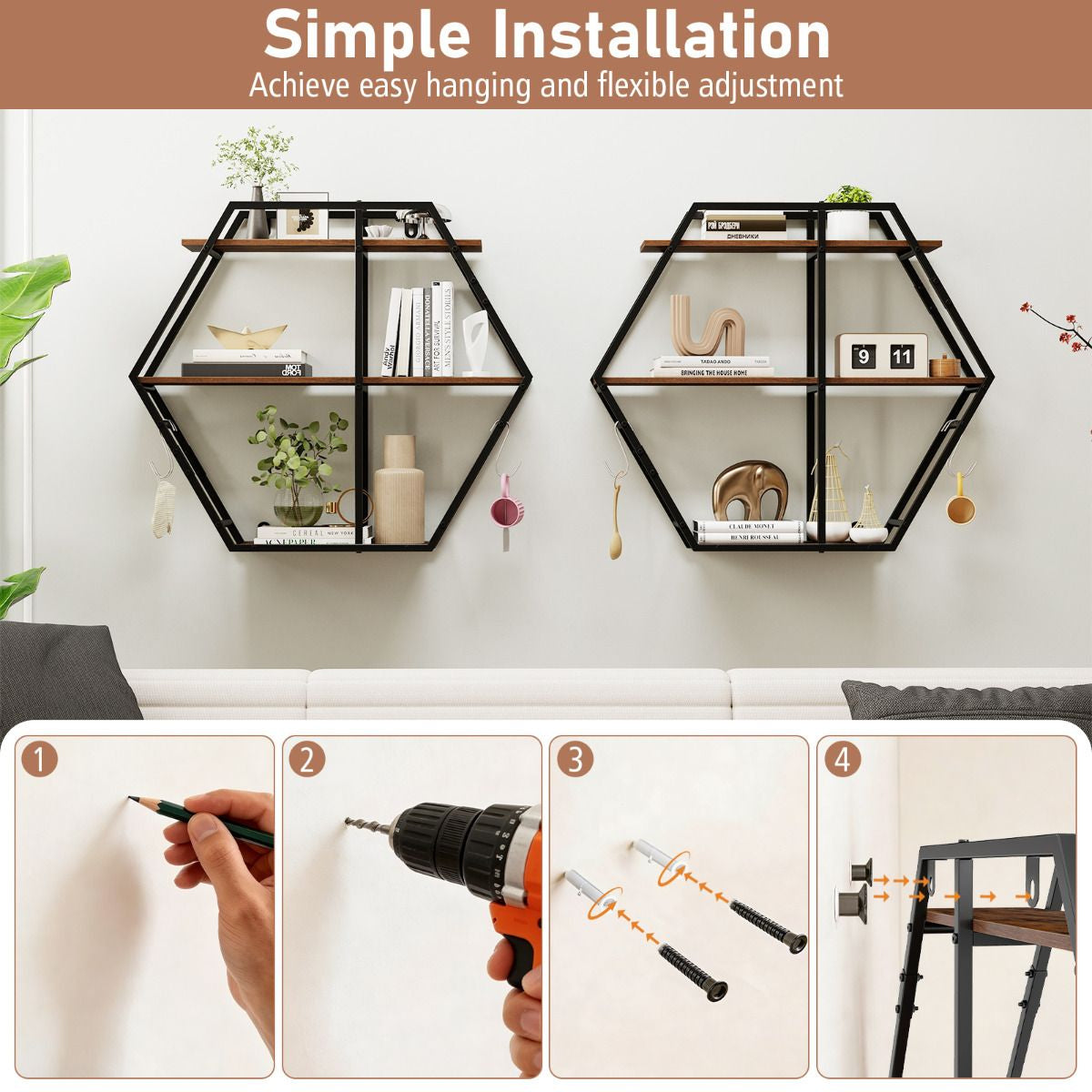 Industrial Hexagon Shelves for Wall 3-Tier Decorative Floating Wall Shelves with Hooks