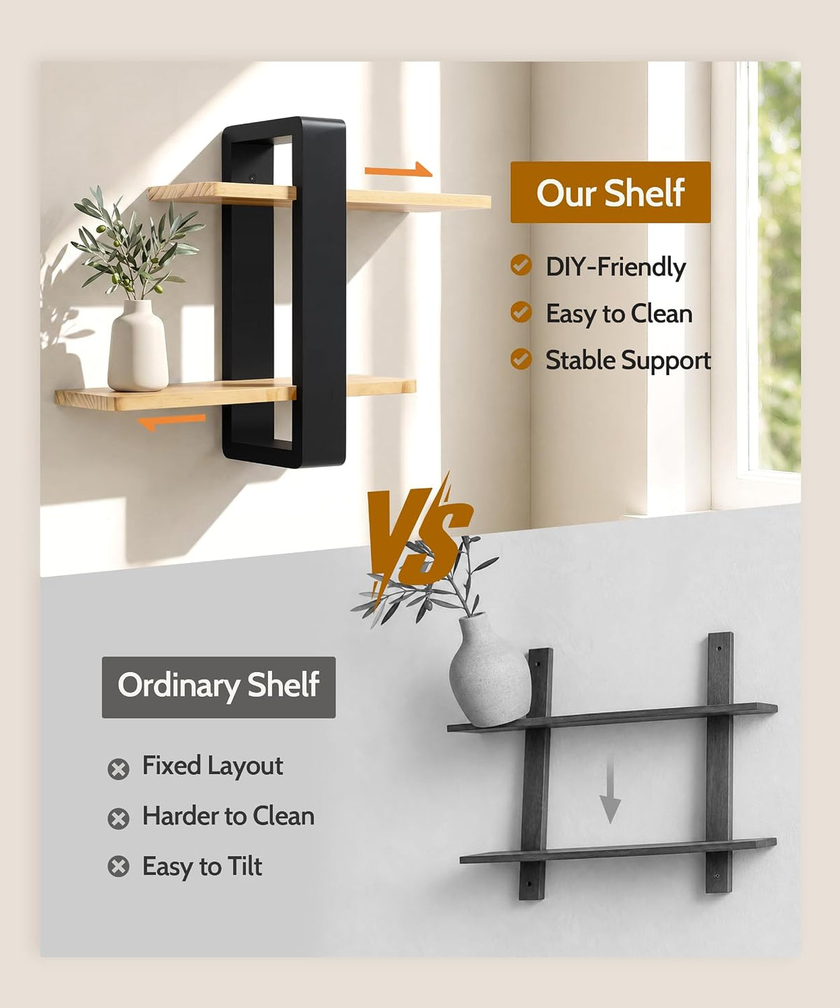 Adjustable Floating Shelves for Wall, 2 Tier Black Pine Wood Shelves