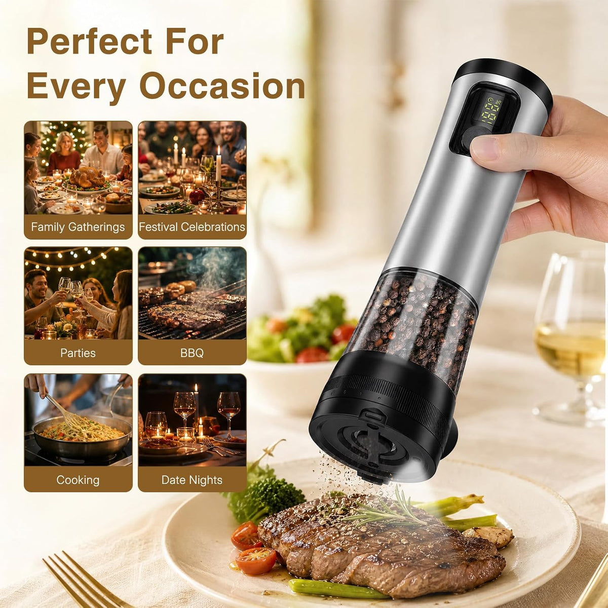Rechargeable Electric Salt and Pepper Grinder Set with Battery Display