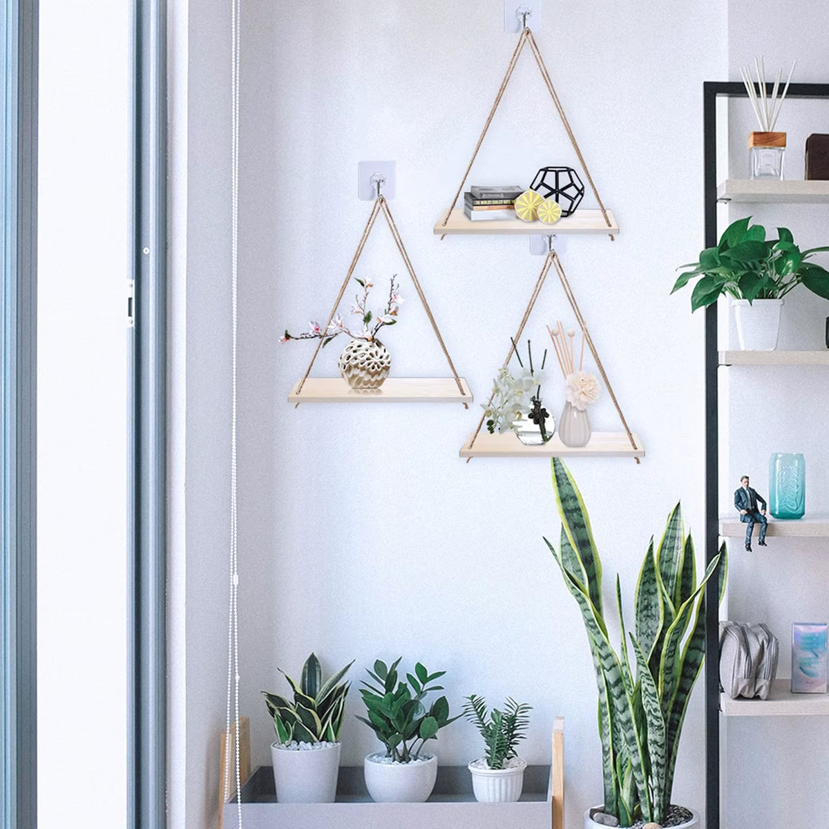 1PC Hanging Shelves for Wall Floating Shelves, Macrame Rope Triangle Shelf, Natural Light Reclaimed Wood, Farmho