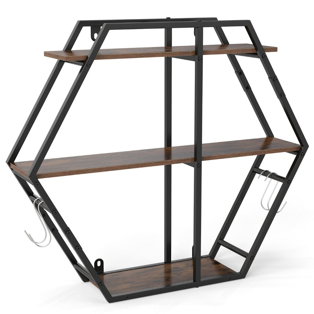 Industrial Hexagon Shelves for Wall 3-Tier Decorative Floating Wall Shelves with Hooks