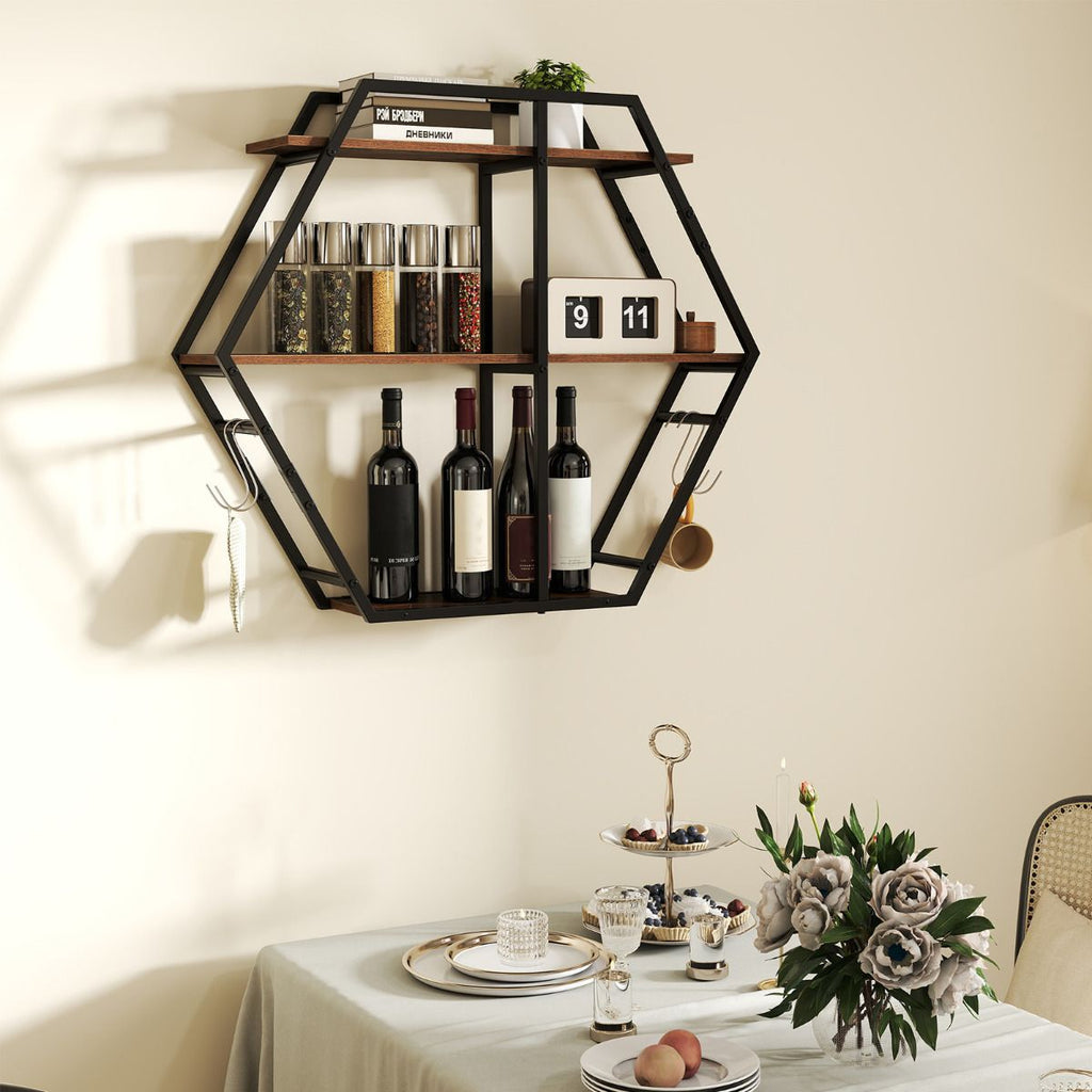 Industrial Hexagon Shelves for Wall 3-Tier Decorative Floating Wall Shelves with Hooks
