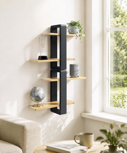 Adjustable Floating Shelves for Wall, 2 Tier Black Pine Wood Shelves