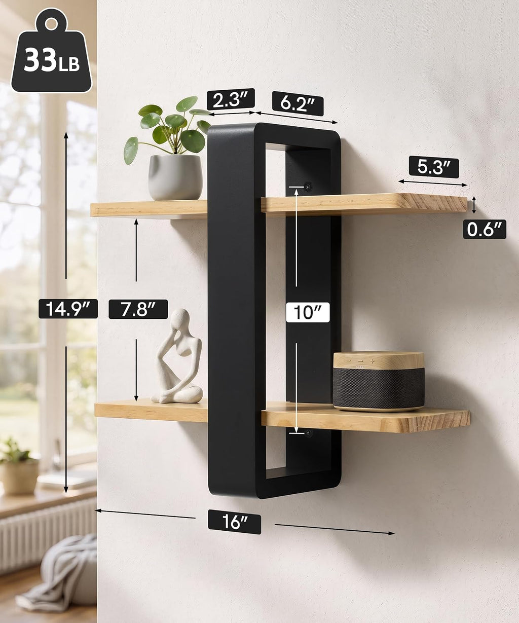 Adjustable Floating Shelves for Wall, 2 Tier Black Pine Wood Shelves