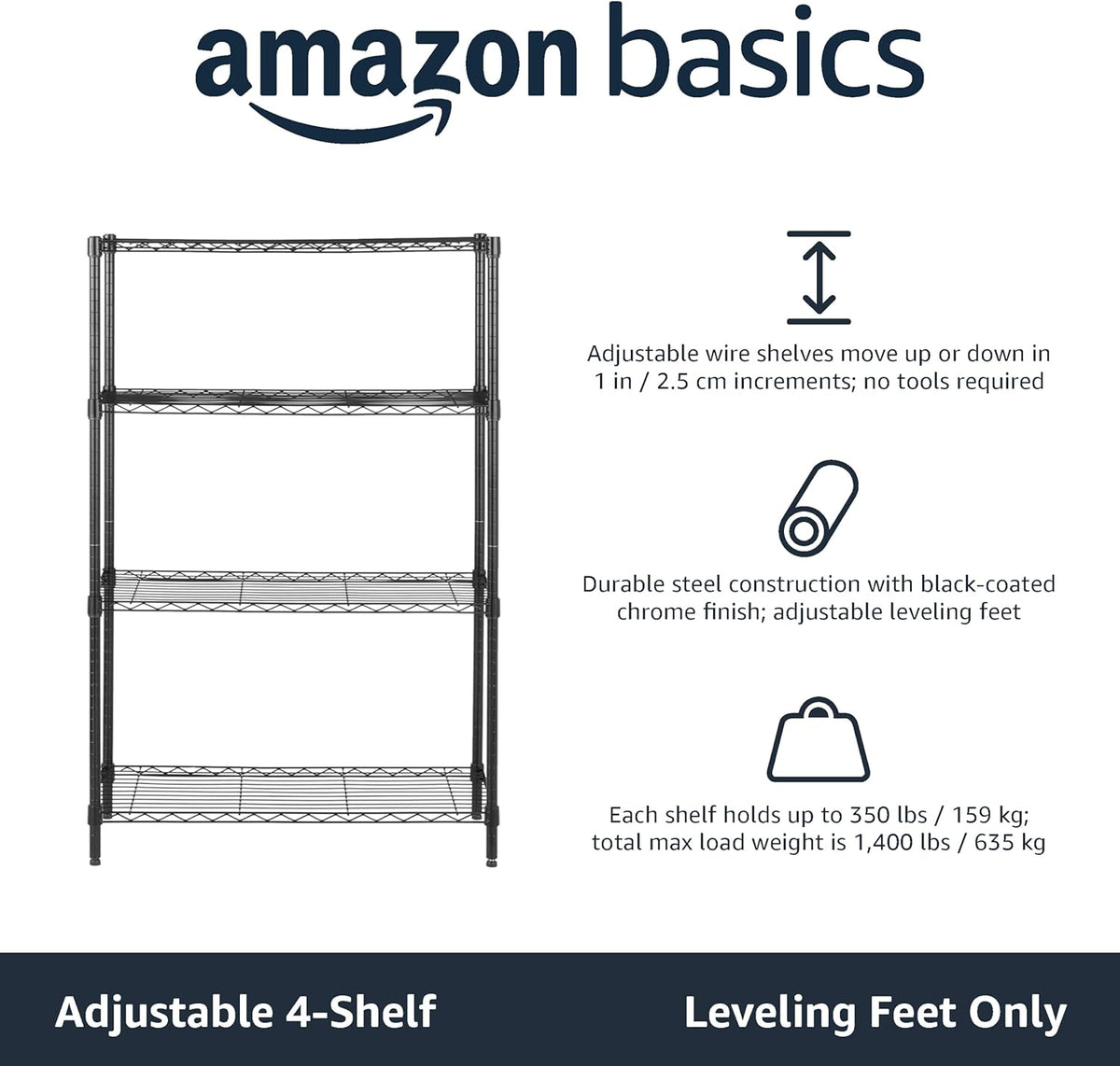 Black 4-shelf steel storage unit – view 4