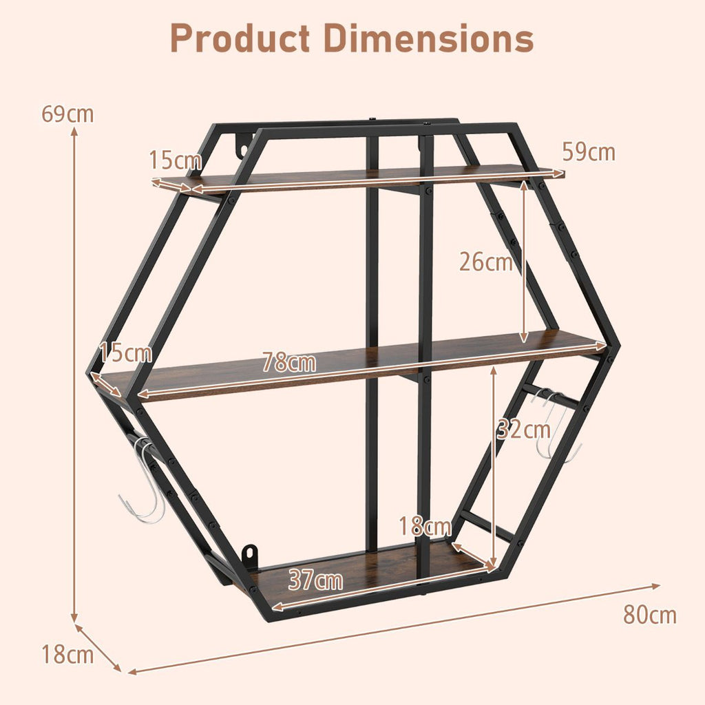 Industrial Hexagon Shelves for Wall 3-Tier Decorative Floating Wall Shelves with Hooks