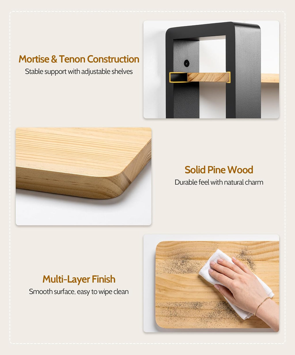 Adjustable Floating Shelves for Wall, 2 Tier Black Pine Wood Shelves
