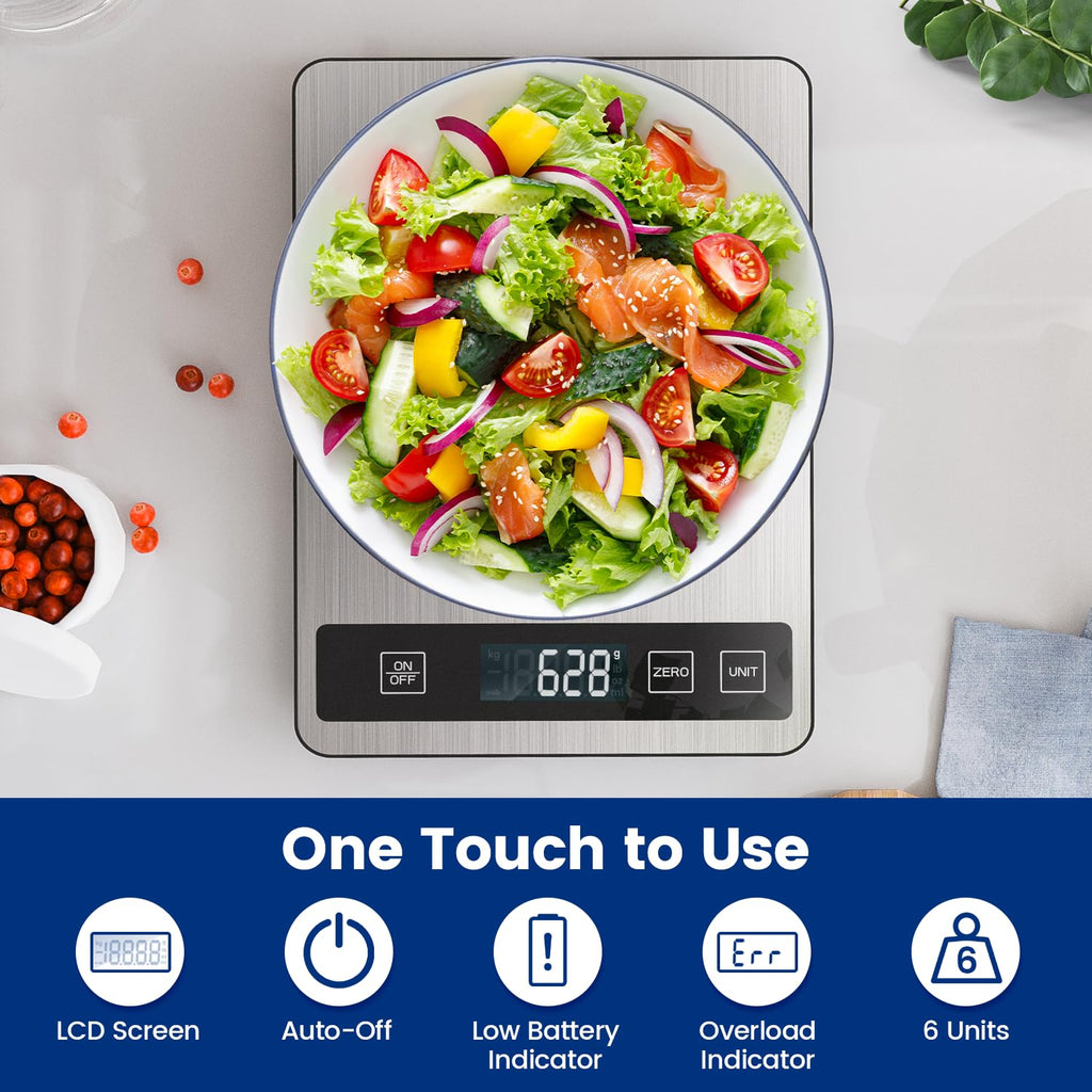 Stainless steel digital kitchen scale weighing a bowl of salad