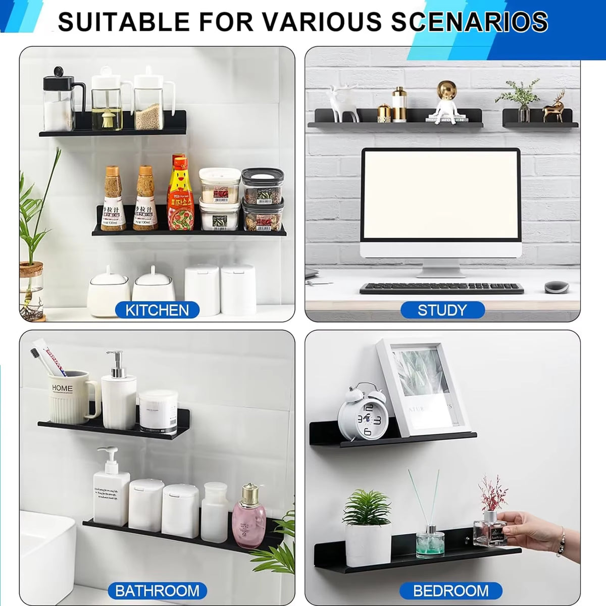 Aluminum Alloy Living Room Floating Shelves No Drilling Bedroom Decoration Wall Shelves Bathroom Shelf Books Plants Ledge
