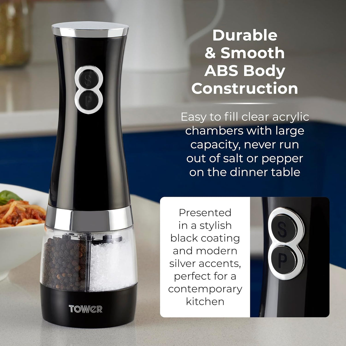 Electric Salt and Pepper Mills, Black and Chrome
