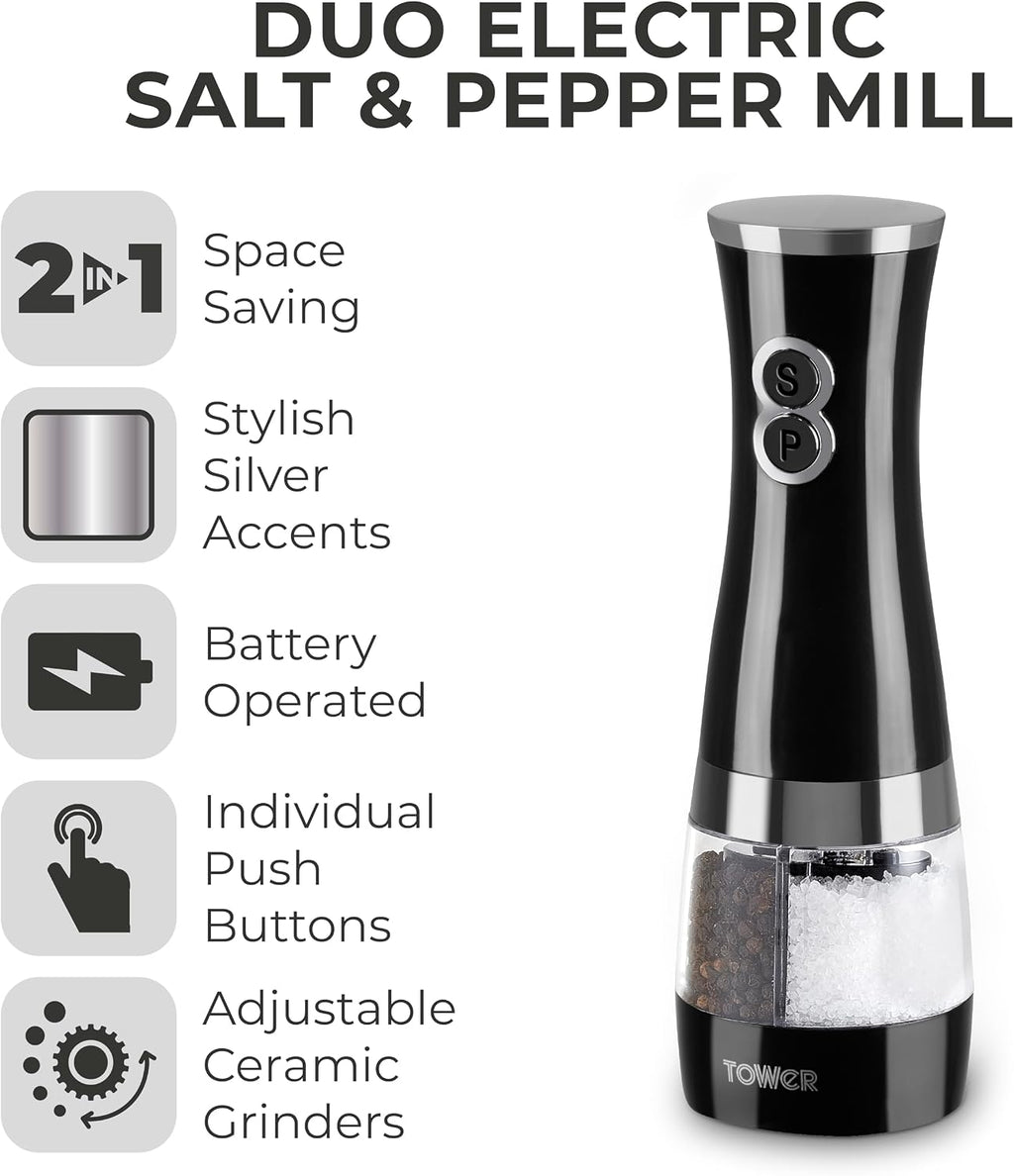 Electric Salt and Pepper Mills, Black and Chrome