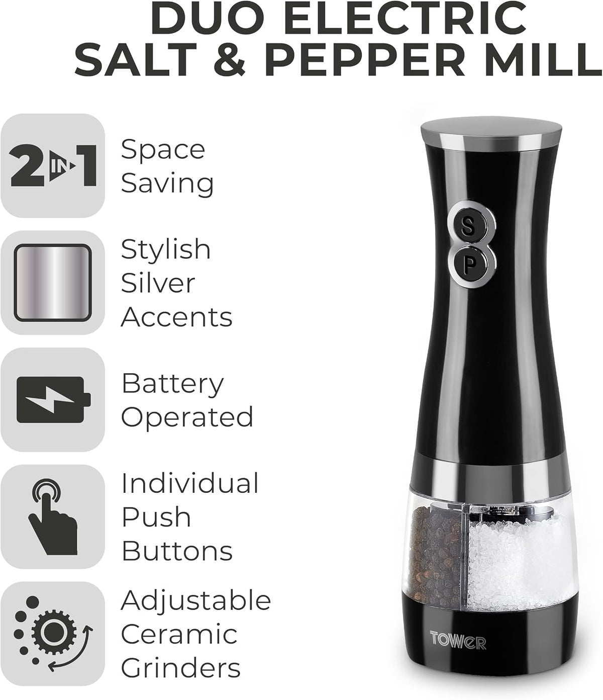 Electric Salt and Pepper Mills, Black and Chrome