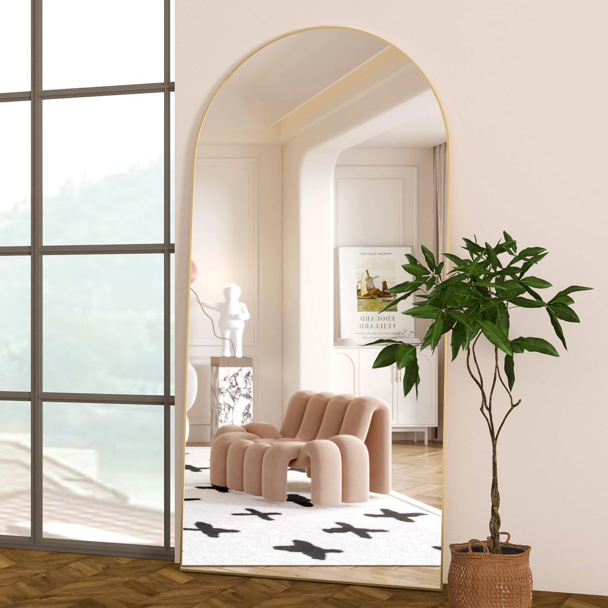 Gold arched floor mirror, 193 × 86cm