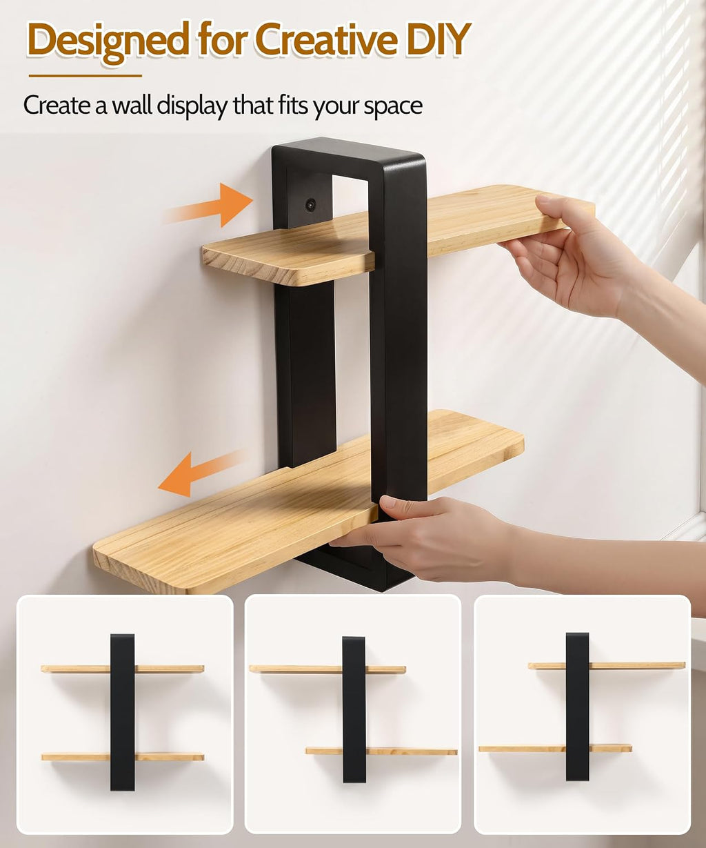Adjustable Floating Shelves for Wall, 2 Tier Black Pine Wood Shelves