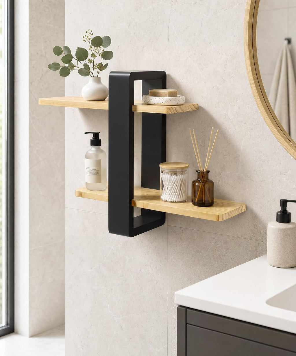 Adjustable Floating Shelves for Wall, 2 Tier Black Pine Wood Shelves