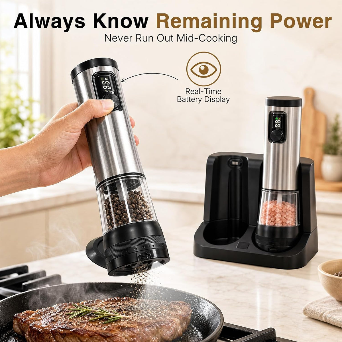 Rechargeable Electric Salt and Pepper Grinder Set with Battery Display