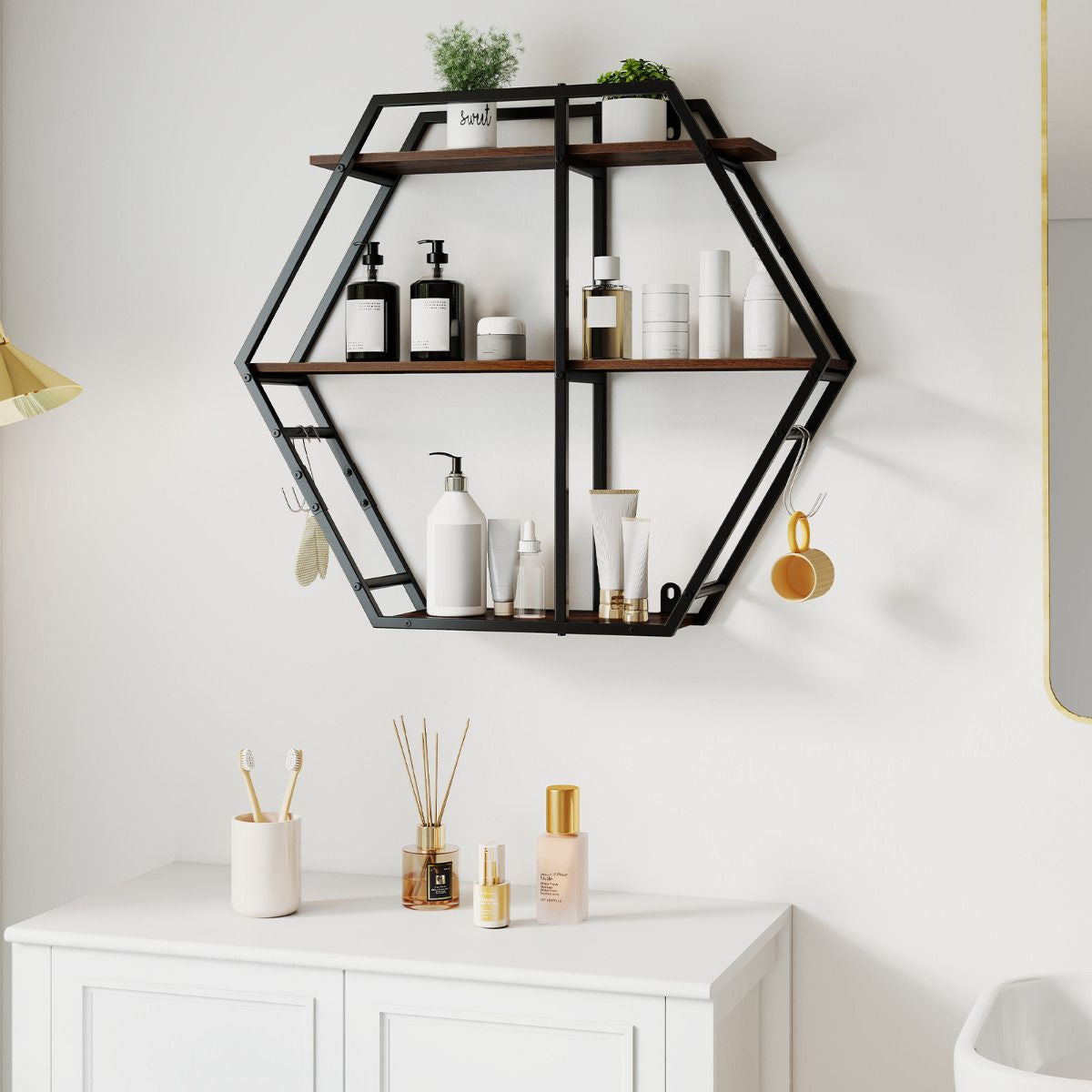 Industrial Hexagon Wall Shelves – 3 Tier with hooks